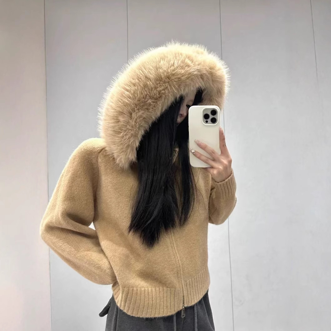 Vintage Knitted Cardigan Long Sleeve Fur Collar Coat
