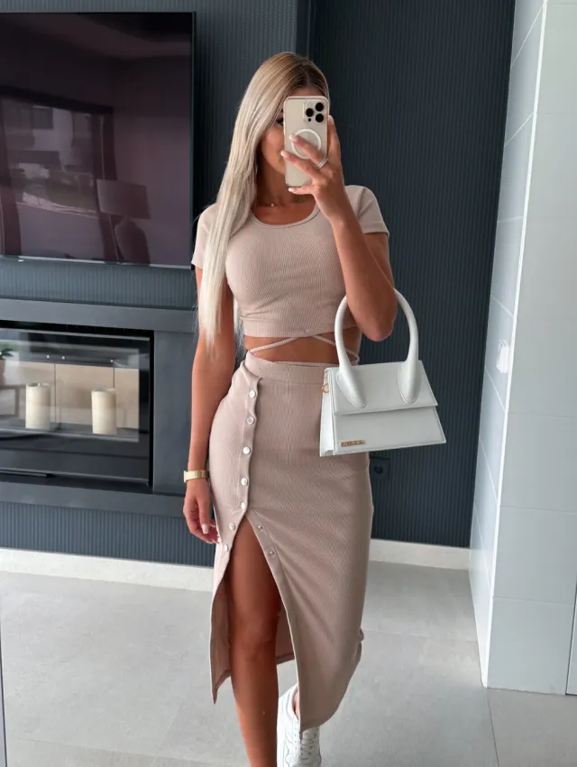 Short Sleeve Round Neck Top Button Hip wrapped Mid length Dress Casual Two piece Suit Khaki - Shop at LoveMi
