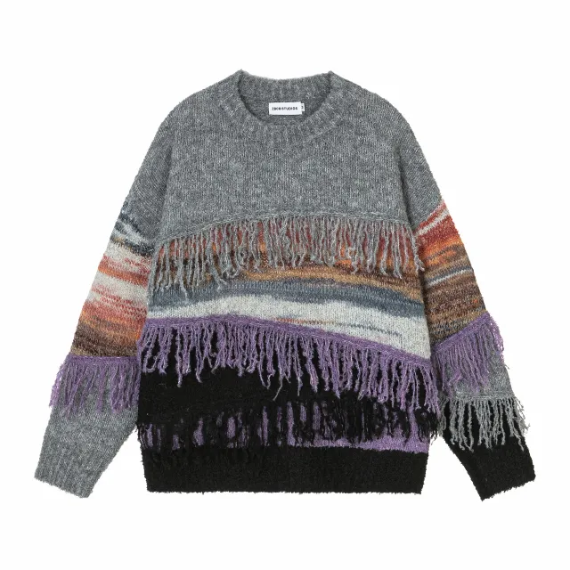 Vintage Tassel Color Contrast Patchwork Loose Round Neck Sweater Gray - Shop at LoveMi