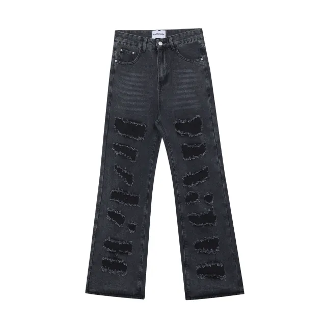 Street Men's Wear Washed Distressed Cat Beard Casual Pants Destroyed Tassel Straight Jeans Black - Shop at LoveMi