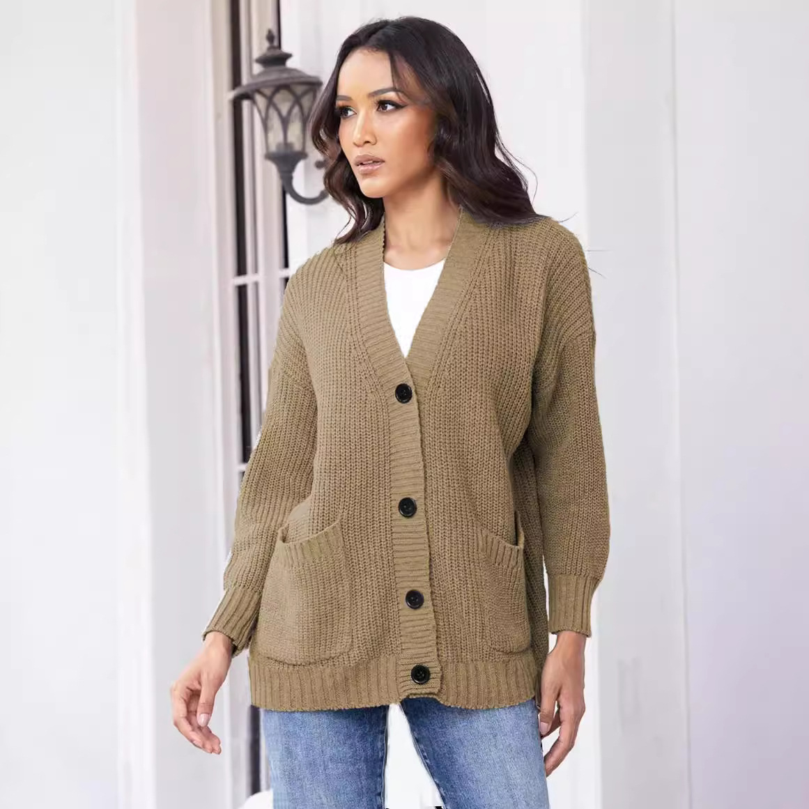 V-neck Loose Button Pocket Cardigan Cross-border Sweater