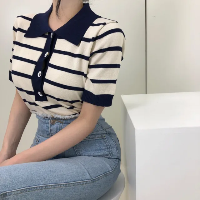 Slim Fit Collar Decorated With Buttons Top Contrast Color Lapels Short Sleeve Sweater Stripes - Shop at LoveMi