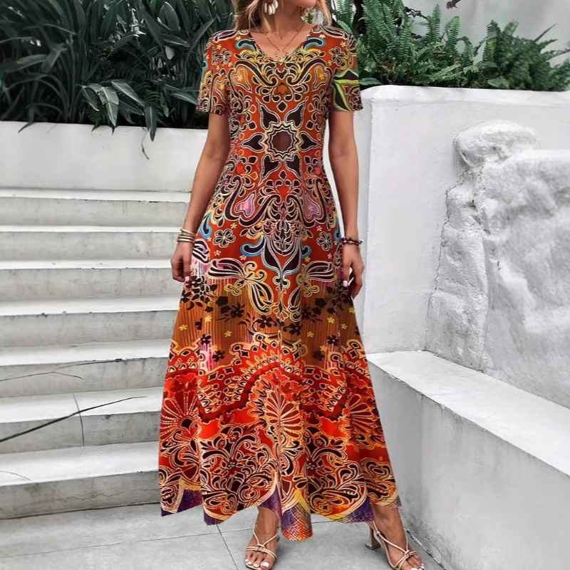 Bohemian Ethnic Style Collar Short Sleeve Women's Long Dress
