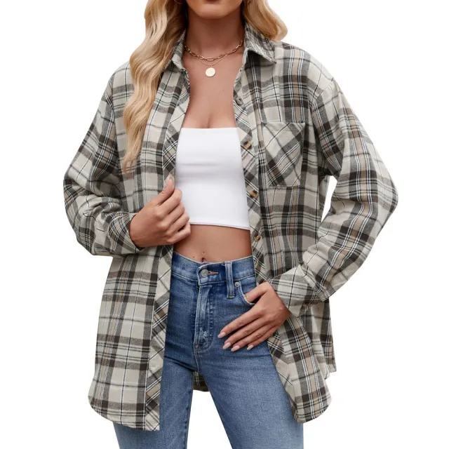 Women's Casual Fashion Loose Plaid Shirt Apricot - Shop at LoveMi