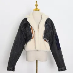 Fashion Stitching Loose Thick Casual Denim Lamb Wool Short Coat For Women - Black - View 1