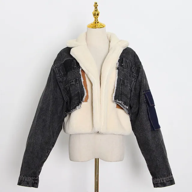 Fashion Stitching Loose Thick Casual Denim Lamb Wool Short Coat For Women Black - Shop at LoveMi