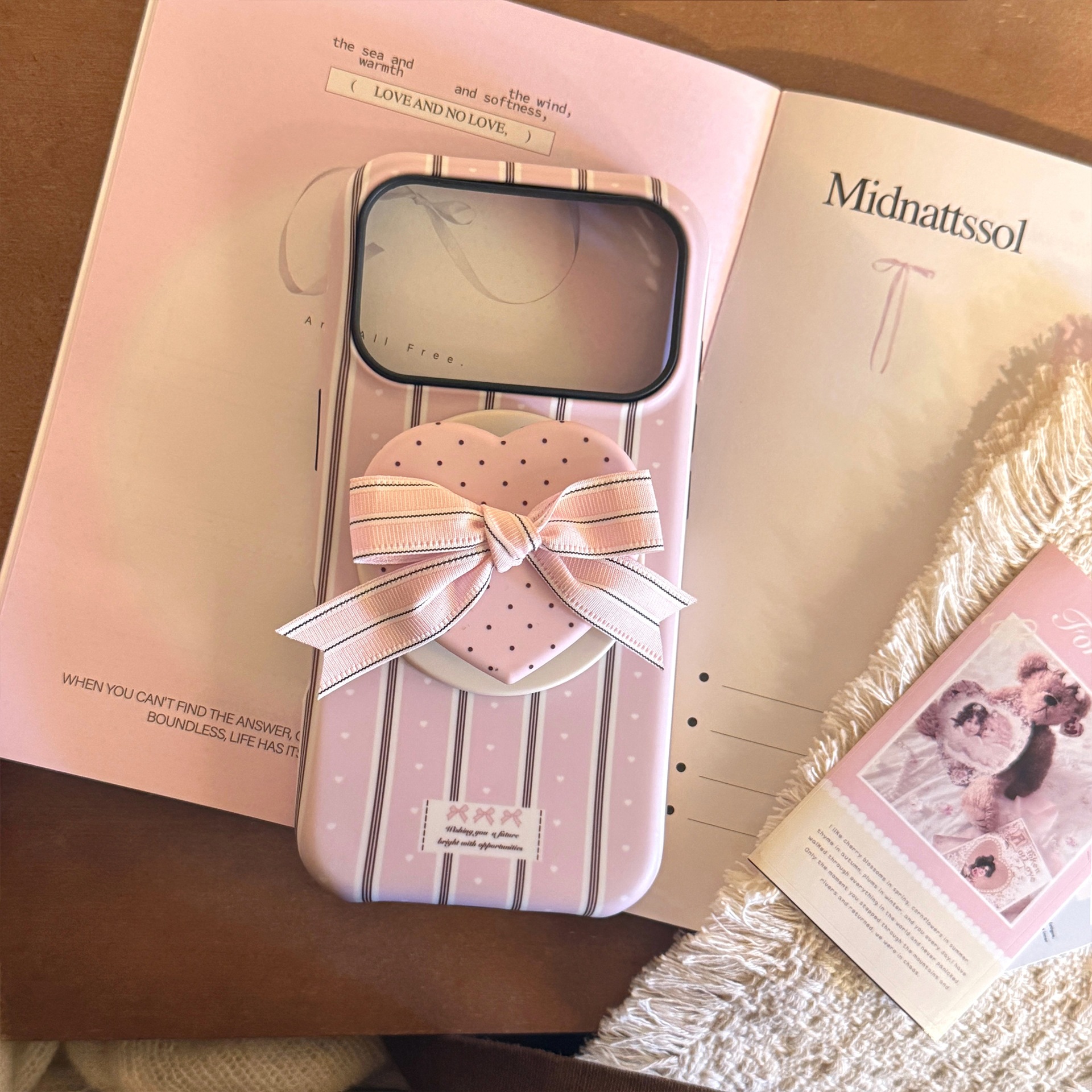 Funda corazón moño rayas crema teléfono