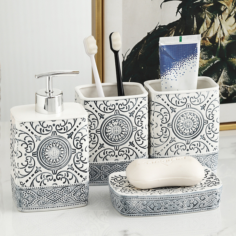Bohemian Style Ceramic Sanitary Ware Sets Square Lotion Bottle Gargle Cup Personality Toothbrush Case Suit