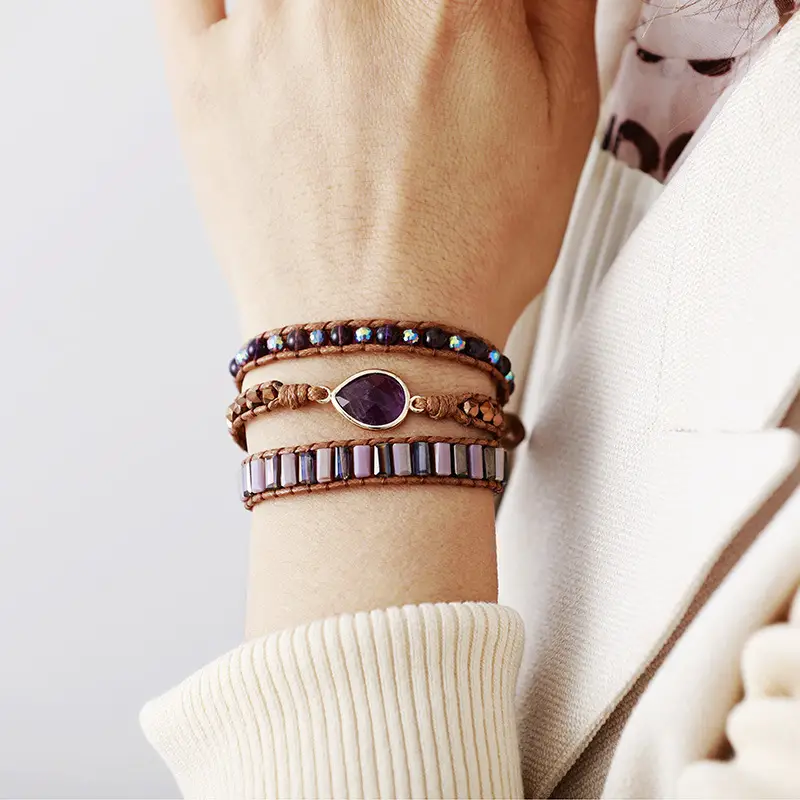 Natural Stone Amethyst Handmade Bracelet European And American Vintage Weave Bracelet Ornament