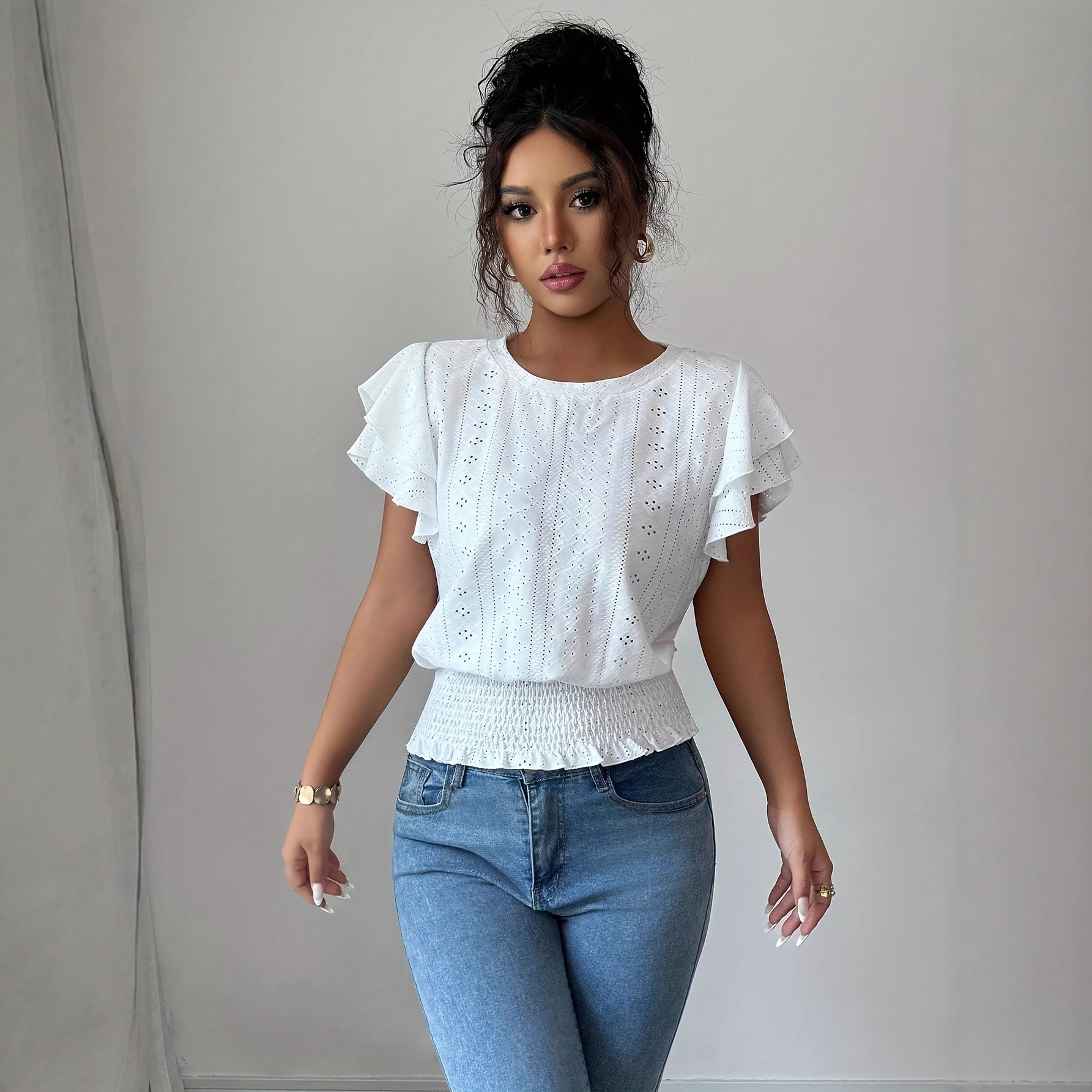 Jacquard Solid-color Crewneck Ruched Batwing-sleeve Short-sleeve Shirt