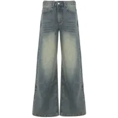 Autumn Winter Retro Distressed Dirty Pants High Waist Straight Loose Wide Leg Jeans - Light Blue - View 1