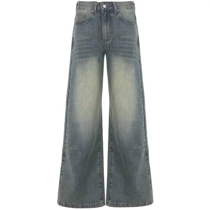 Autumn Winter Retro Distressed Dirty Pants High Waist Straight Loose Wide Leg Jeans - Light Blue