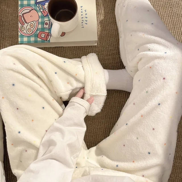 Flannel Pajamas Women Autumn Winter Fleece lined Thickened Casual Cartoon Home Pants Colored Dots - Shop at LoveMi