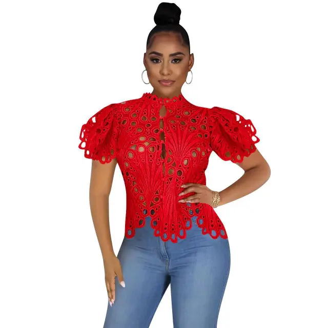 Sexy Cutout See through Nightclub Puff Short Sleeve Irregular Top Women's Lace Shirt Red - Shop at LoveMi