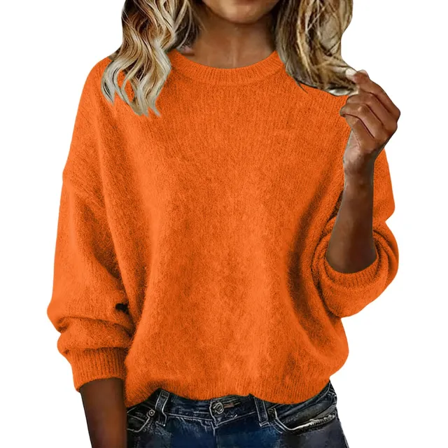 Fashionable Crew neck Solid color Sweater Orange - Shop at LoveMi