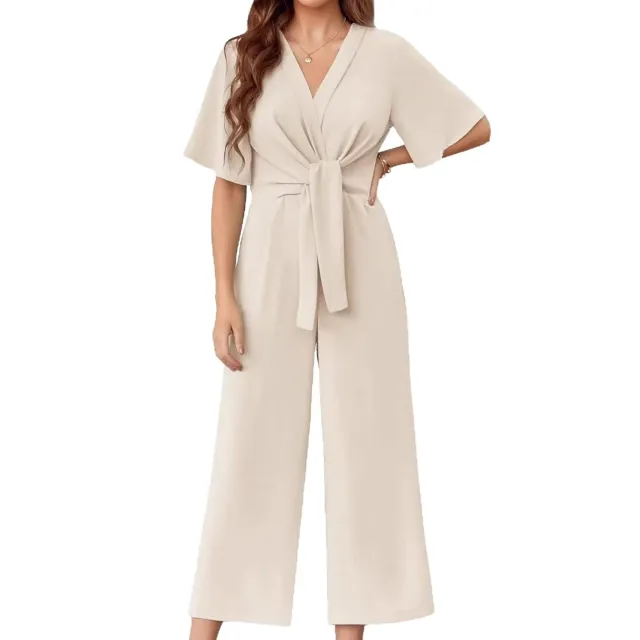 Solid Color And V neck Minimalist Design Short sleeved Jumpsuit Apricot - Shop at LoveMi