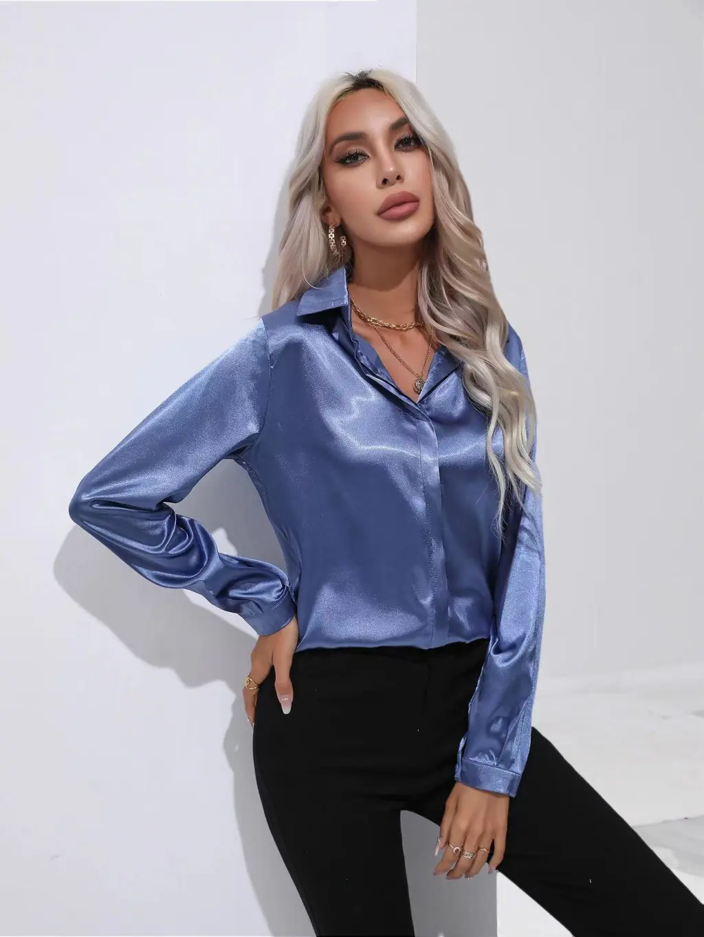 One Button Satin Shirt Temperament Long Sleeve Shirt - Sapphire Blue