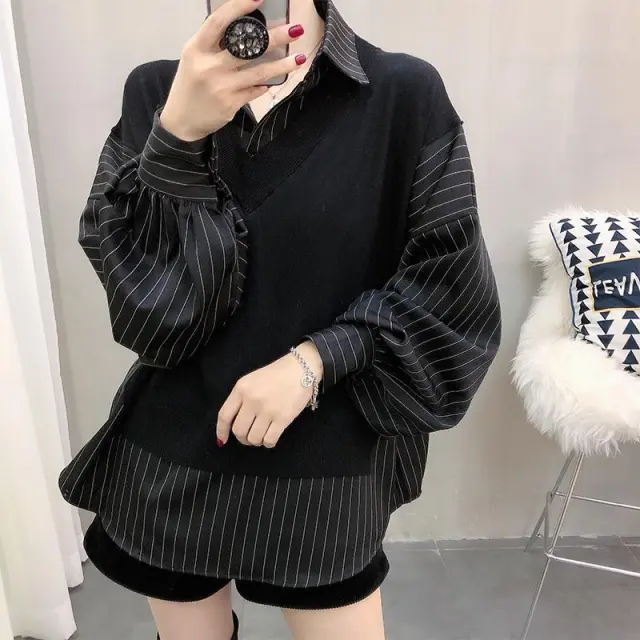 Korean Style New Patchwork Fake Two Pieces Shirts Women Black - Shop at LoveMi