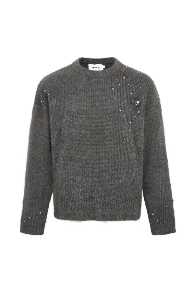 Spider Brooch Mink like Pullover Sweater Gray - Shop at LoveMi