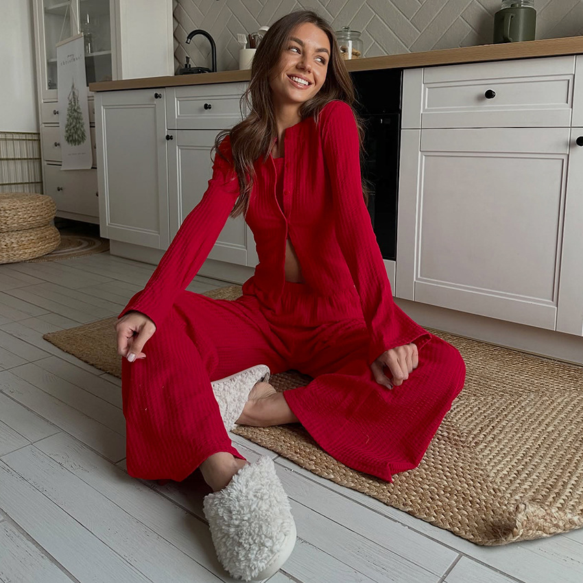Simple Christmas Pajamas Long-Sleeve Top And Pants Set For Women To Stay Warm