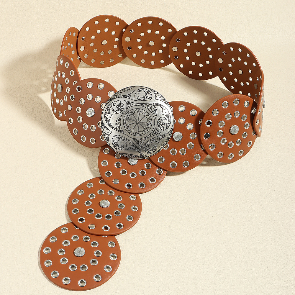 Retro Women's Round Hollow Metal Wide Belt Antique Silver Camel B - Shop at LoveMi
