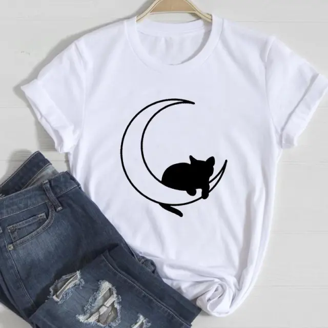 Cat Cute Printed European And American Short Sleeve White Aqp29389 - Shop at LoveMi