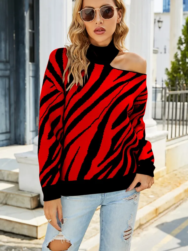 Half high Collar Long Sleeves Tiger Pattern Sweater Off the shoulder Sweater Red - Shop at LoveMi
