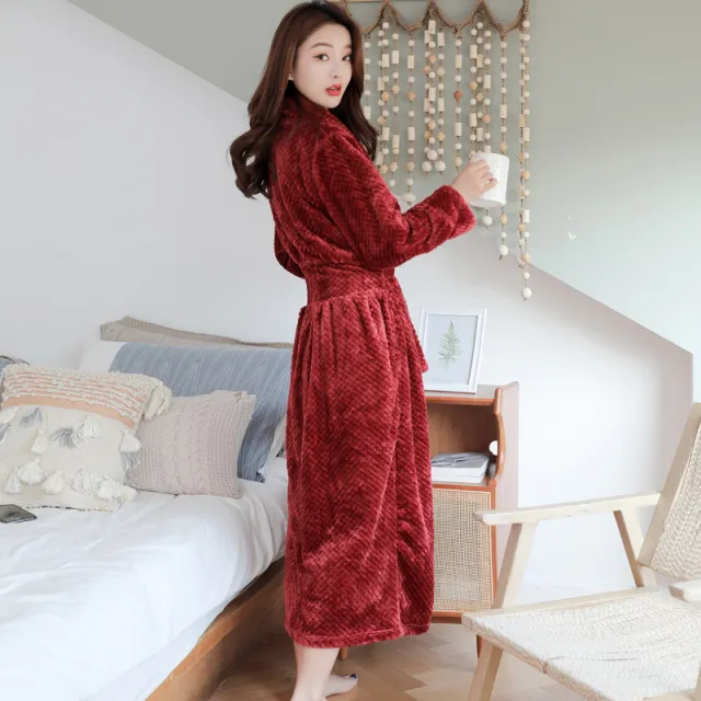 Flannel Nightgown Pineapple Plaid Thickened Long Section Sexy Pajamas Couple Bathrobe Coral Velvet Wine Red - Shop at LoveMi