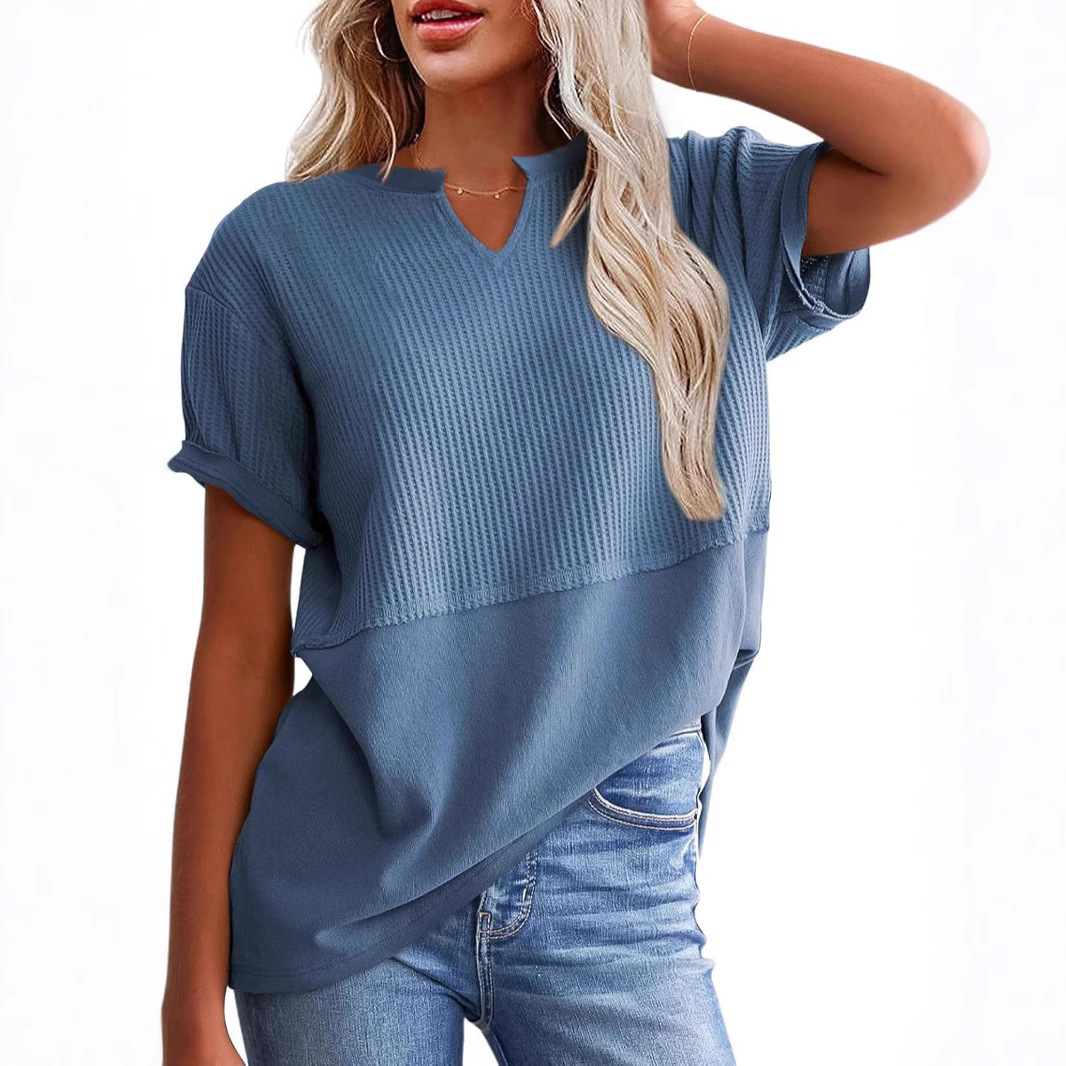 V-neck Pullover Fitted-waist Patchwork Blouse Regular-shoulder Womens T-shirt