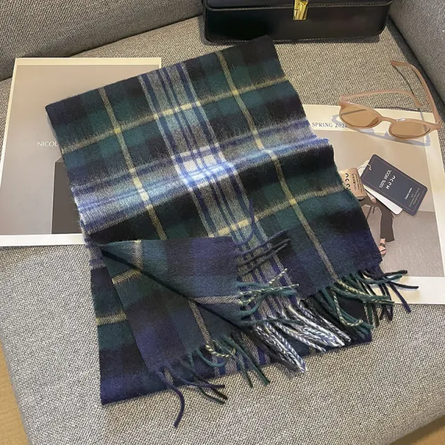Pure Wool Plaid Scarf British Classic Navy Blue And Green Squares - Shop at LoveMi