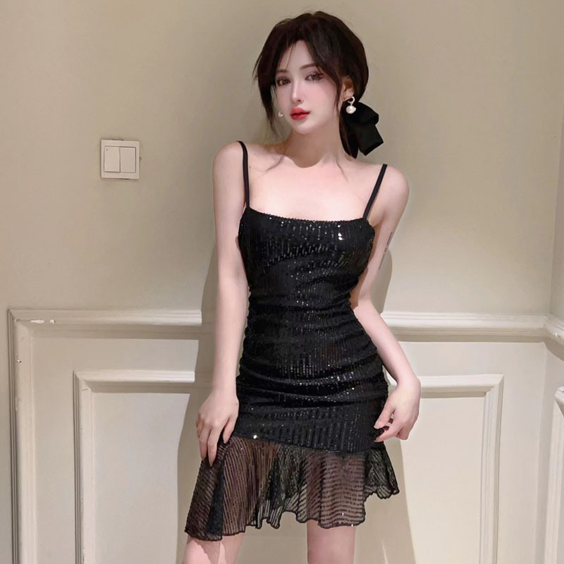 Sequined Suspender Backless See-through Fishtail Sheath Dress