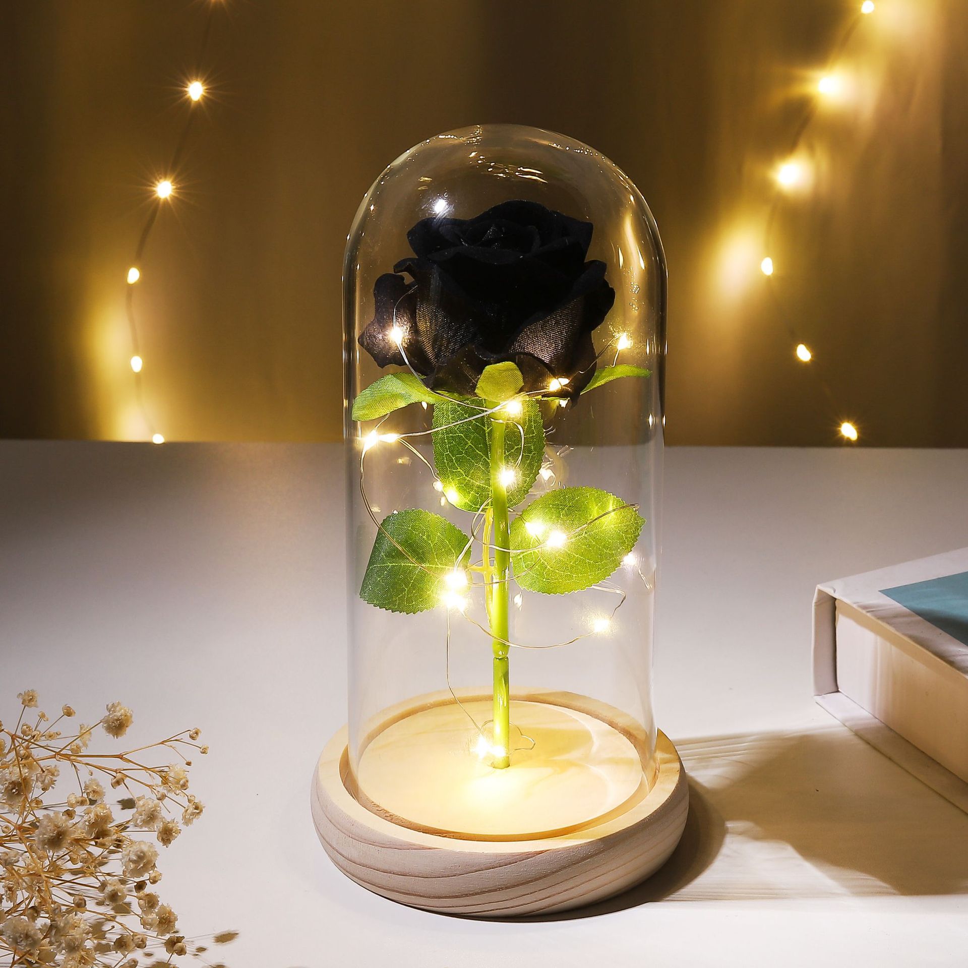 Preserved Flower Glass Dome Artificial Rose Night Light For Christmas