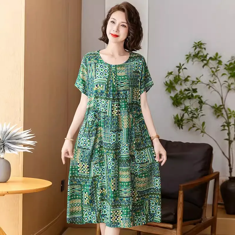 Middle-aged And Elderly Women's Cotton Silk Printing Maxi Dress - No 57-3Xl