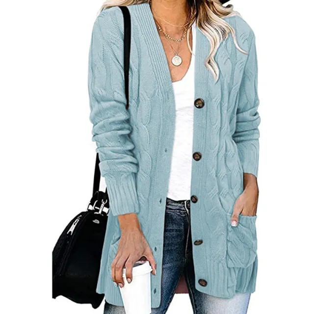 Autumn And Winter Women's Casual Knitted Button Coat Light Blue - Shop at LoveMi