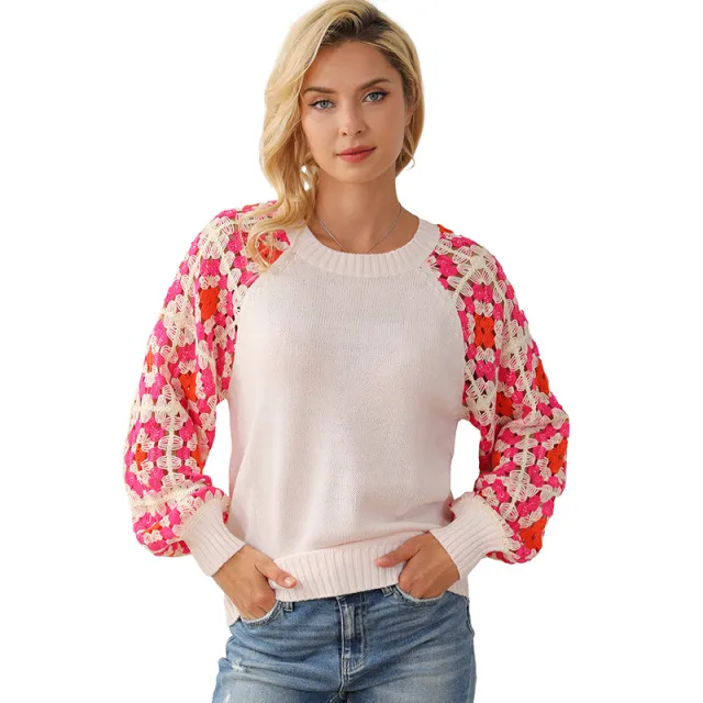 Crochet Pullover Round Neck Long Sleeves Top Rose Red - Shop at LoveMi