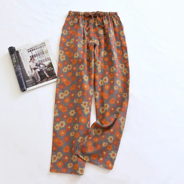 Women's Cotton Thin Home Casual Pants Gauze Red Flower Trousers - Shop at LoveMi