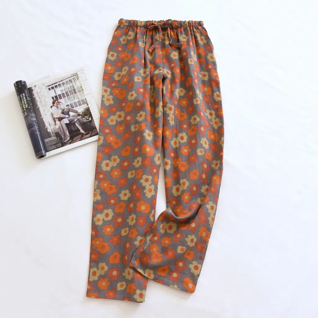 Women's Cotton Thin Home Casual Pants - Gauze Red Flower Trousers