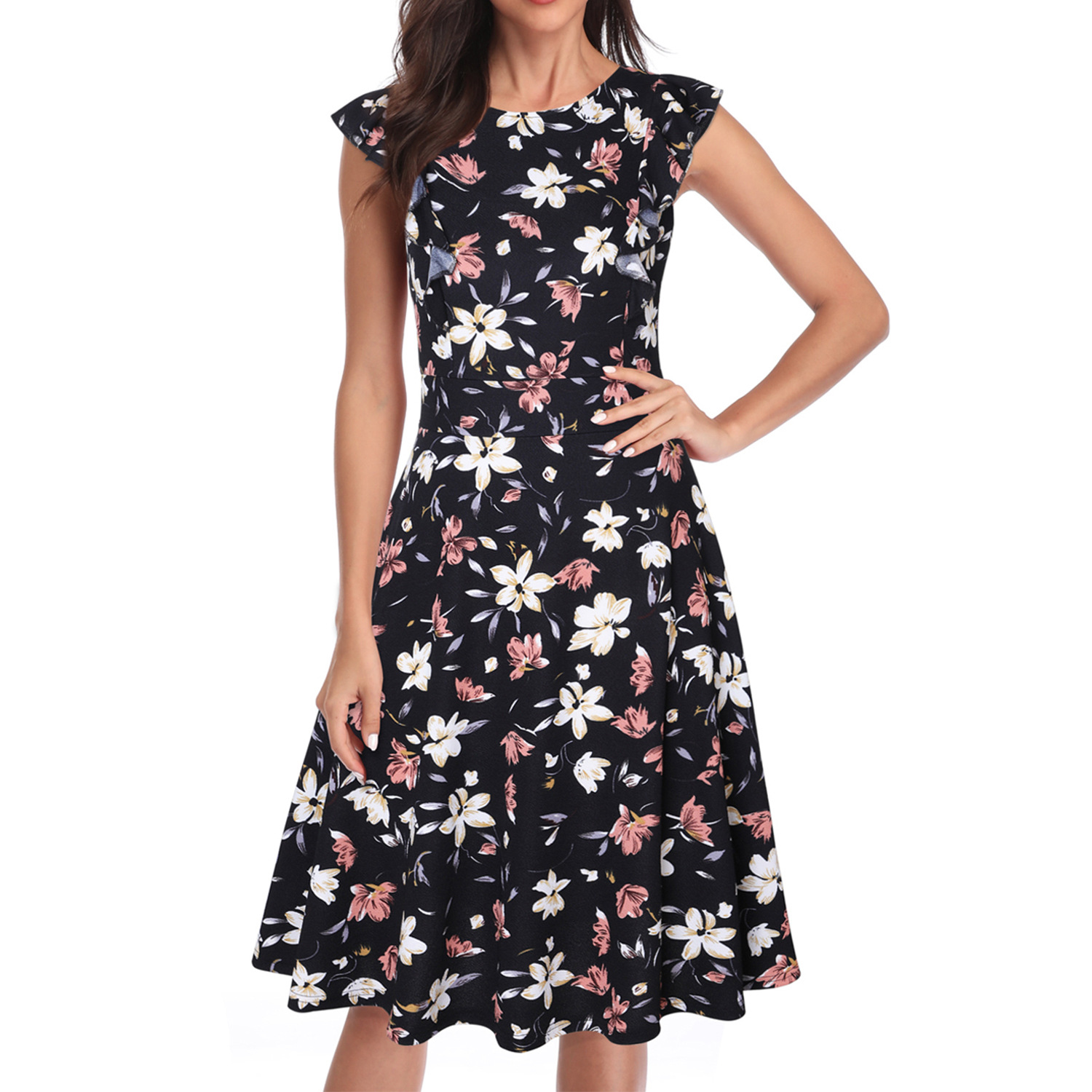 Women's Ruffle Sleeve Slim-fit Printed Dress
