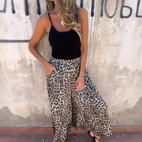 High Waist Leopard print Printed Loose Casual Wide leg Pants Women's Trousers Light Gray - Shop at LoveMi