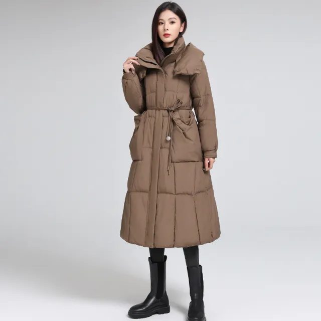 Knee length Warm Cotton Coat Loose Thicken Waist cinching Padded Jacket Brown - Shop at LoveMi