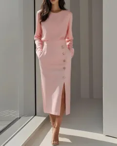 Long-sleeved Round Neck Waist-tie Button-decorated Slit Women's Dress - Pink - View 1