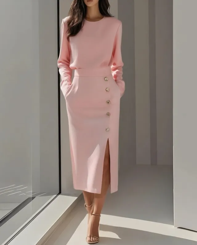 Long sleeved Round Neck Waist tie Button decorated Slit Women's Dress Pink - Shop at LoveMi
