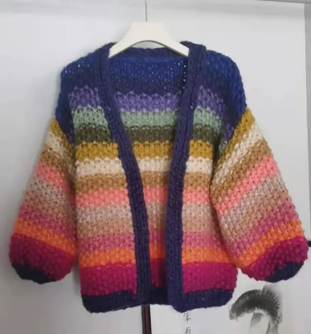 Handmade Rainbow Striped Contrast Color Thick Needle Sweater Coat - Shop at LoveMi
