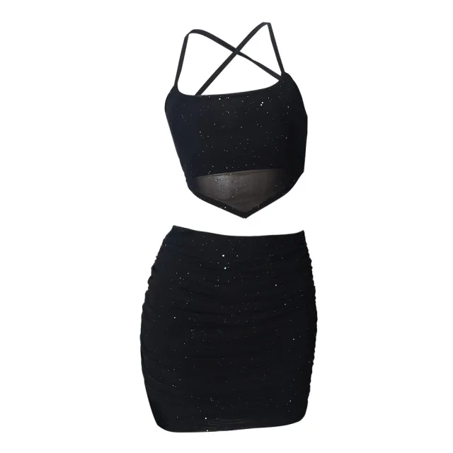 Spaghetti Straps Chest Wrap Short Skirt Lace up Two piece Set Black - Shop at LoveMi