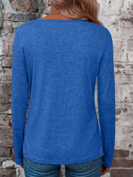 V neck Cross Cotton Solid Color Casual Minimalist Long Sleeve Blue - Shop at LoveMi