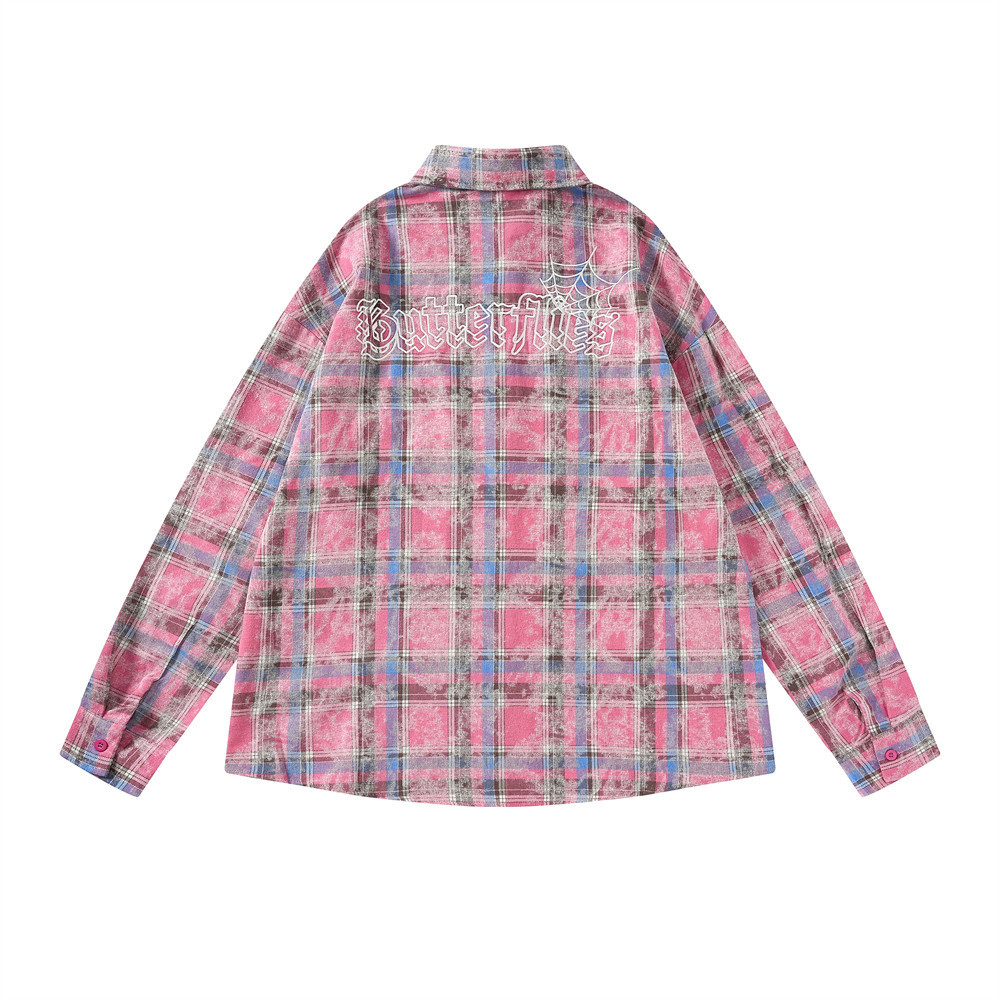 Contrast Color Check Long Sleeve Shirt Men's Spring And Autumn Loose