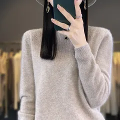 Round Neck Rhinestone Long-sleeved Knitted Bottoming Shirt Women's Pullover Sweater - Light Oat Colour-Xl - View 1