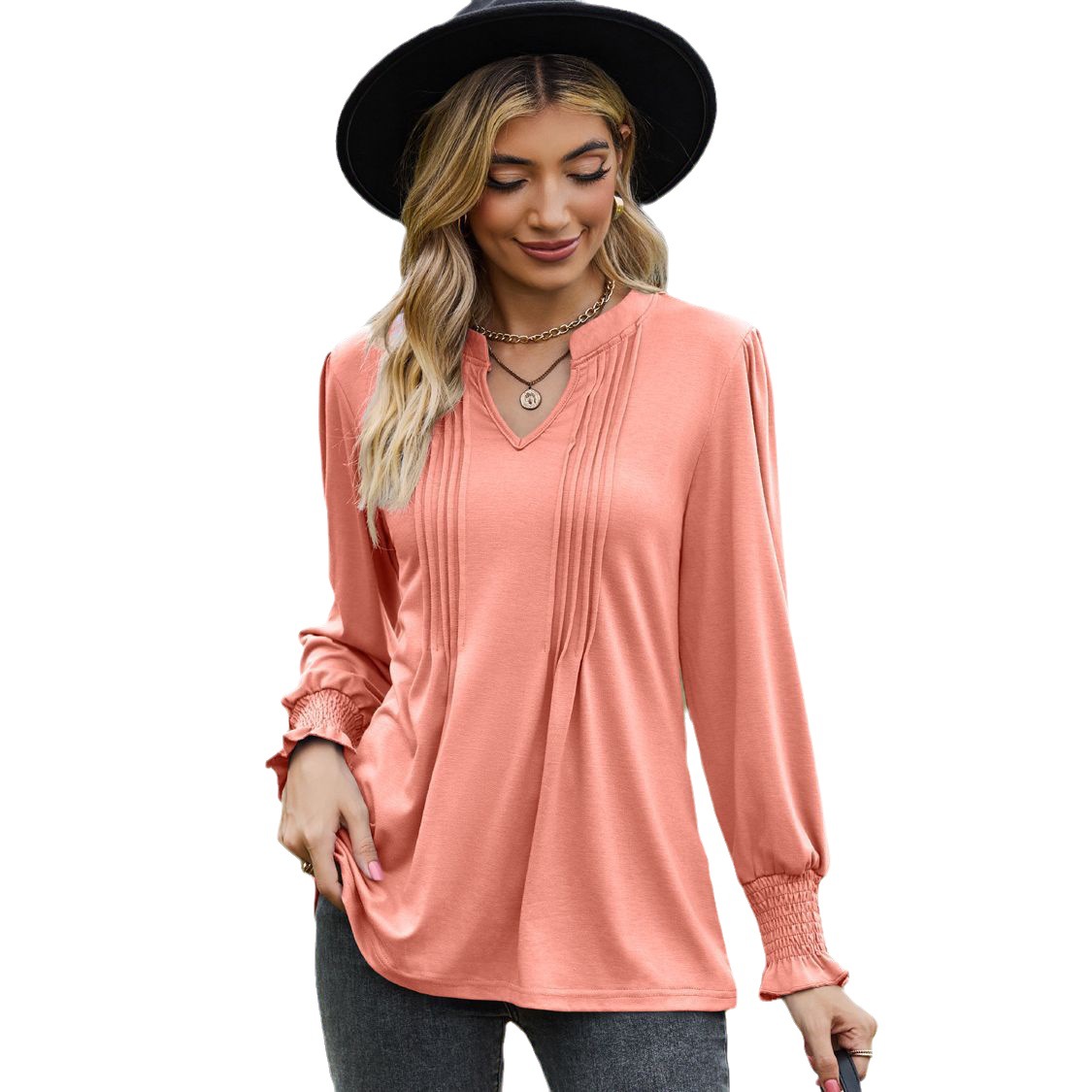 Women's Solid Color Striped Puff Sleeve V-neck Smocking Long Sleeve Top