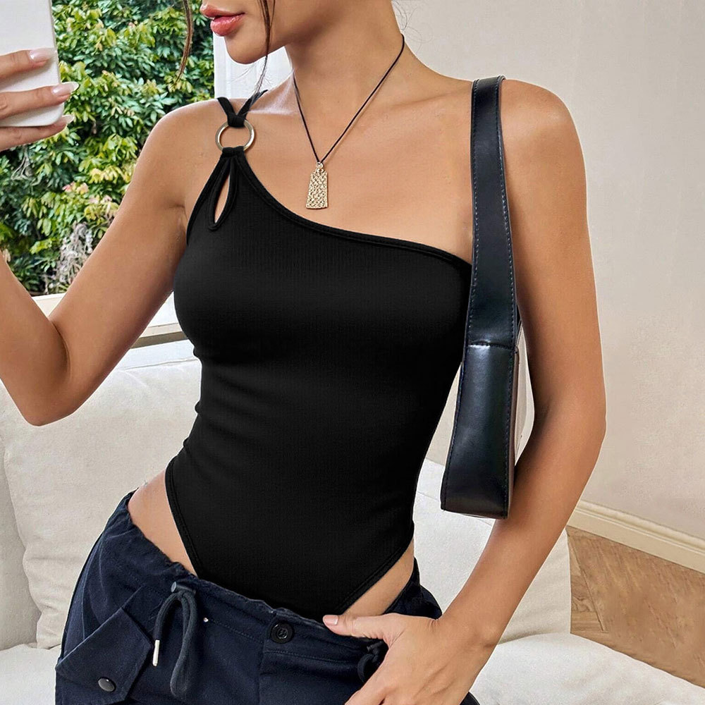 Womens Solid-Color One-Shoulder Jumpsuit With Metal Embellishments And Cutout Details