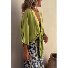 Women's Casual Lace Up 34 Sleeve Loose Vacation Multi-colour Shirt - Matcha - View 1